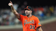 Sep 12, 2025; San Francisco, California, USA; San Francisco Giants starting pitcher Justin Verlander (35) gestures during the fourth inning against the Los Angeles Dodgers at Oracle Park. Mandatory Credit: Darren Yamashita-Imagn Images
