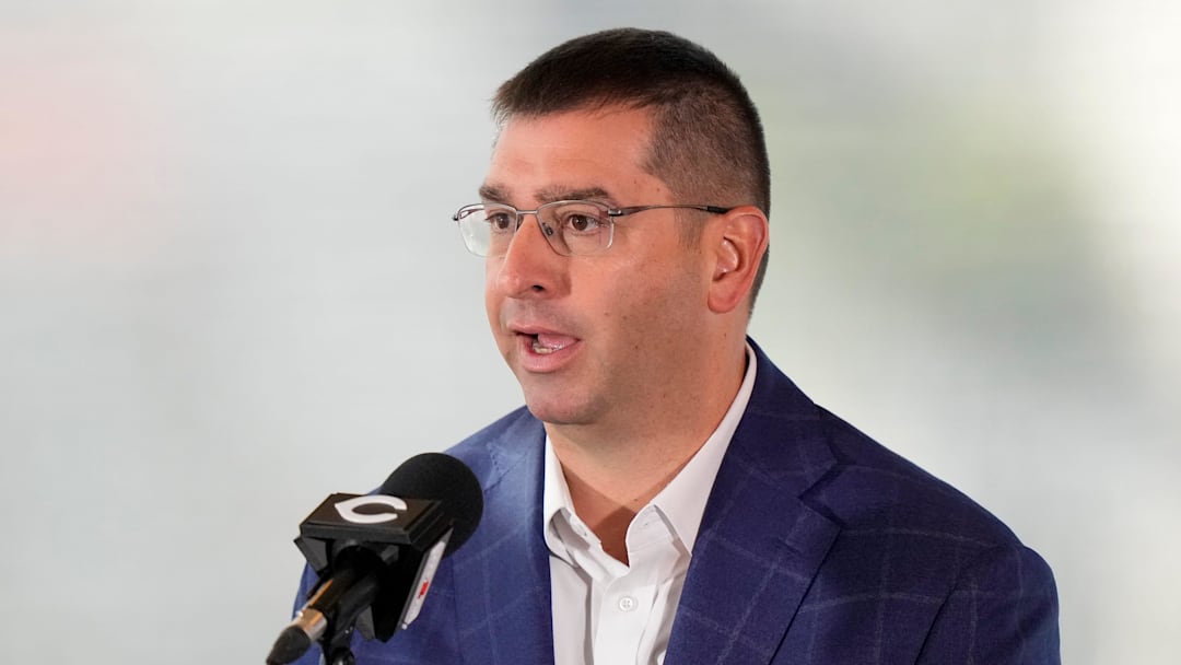 President of Baseball Operations Nick Krall takes questions during an event to introduce the new manager of the Cincinnati Reds at Great American Ball Park in downtown Cincinnati on Monday, Oct. 7, 2024.