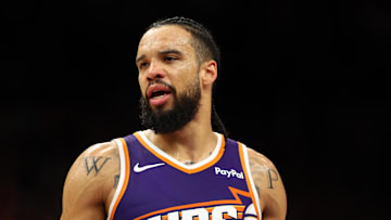 Nov 29, 2025; Phoenix, Arizona, USA; Phoenix Suns forward Dillon Brooks (3) against the Denver Nuggets in the first half at the Mortgage Matchup Center. Mandatory Credit: Mark J. Rebilas-Imagn Images