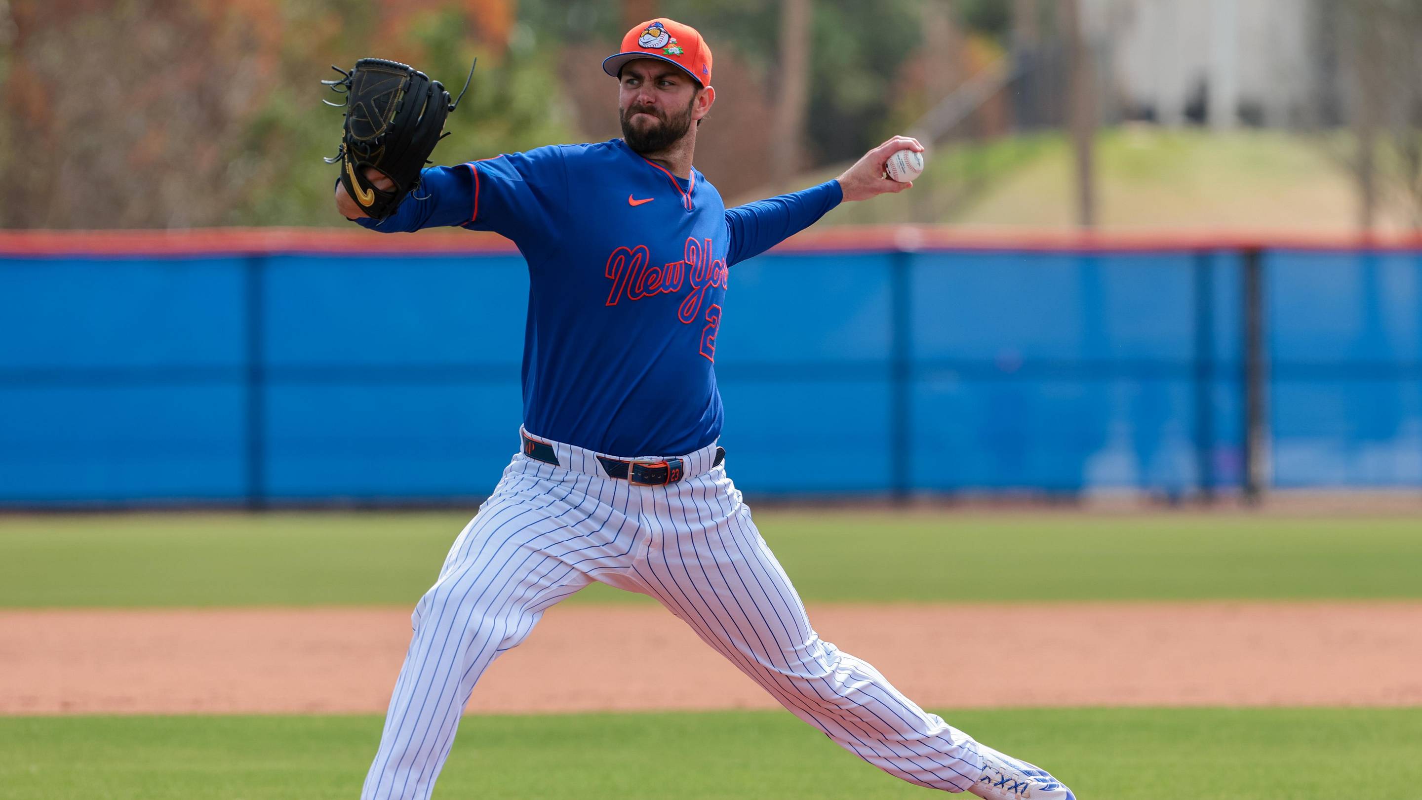 Feb 17, 2026; Port St. Lucie, FL, USA; New York Mets pitcher David Peterson (23) pitches during spring training at Clover Park. Mandatory Credit: Sam Navarro-Imagn Images