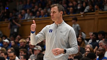 Nov 29, 2024; Durham, North Carolina, USA; Duke basketball head coach Jon Scheyer gestures during the second half against the Seattle Redhawks at Cameron Indoor Stadium. 