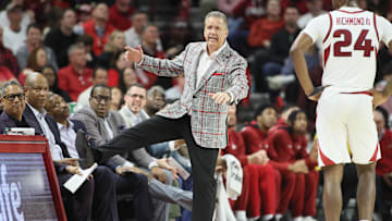 Mar 8, 2025; Fayetteville, Arkansas, USA; Arkansas Razorbacks head coach John Calipari reacts to a call in the first half against the Mississippi State Bulldogs at Bud Walton Arena. Mandatory Credit: Nelson Chenault-Imagn Images