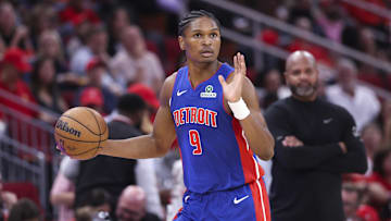 Oct 24, 2025; Houston, Texas, USA; Detroit Pistons guard Ausar Thompson (9) dribbles the ball during the third quarter against the Houston Rockets at Toyota Center. Mandatory Credit: Troy Taormina-Imagn Images