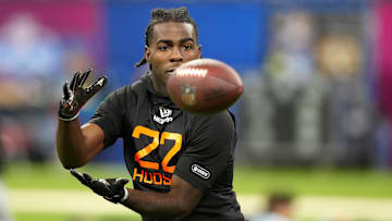 Mar 1, 2025; Indianapolis, IN, USA; UCF wideout Kobe Hudson (WO22) during the 2025 NFL Combine at Lucas Oil Stadium. Mandatory Credit: Kirby Lee-Imagn Images