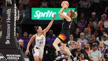 Phoenix Mercury guard Sami Whitcomb (33) shoots the ball over Los Angeles Sparks guard Kelsey Plum (10) at PHX Arena on Sept. 9, 2025.