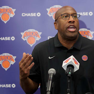Sep 23, 2025; New York, NY, USA; New York Knicks head coach Mike Brown speaks to the media during a media day press conference at the Madison Square Garden training center. Mandatory Credit: Brad Penner-Imagn Images