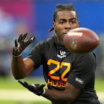 Mar 1, 2025; Indianapolis, IN, USA; UCF wideout Kobe Hudson (WO22) during the 2025 NFL Combine at Lucas Oil Stadium. Mandatory Credit: Kirby Lee-Imagn Images