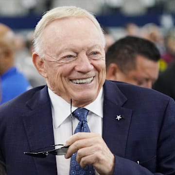 Dallas Cowboys owner Jerry Jones on the sidelines before the game against the New York Giants at AT&T Stadium. 