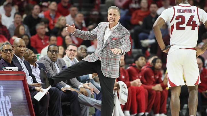 Mar 8, 2025; Fayetteville, Arkansas, USA; Arkansas Razorbacks head coach John Calipari reacts to a call in the first half against the Mississippi State Bulldogs at Bud Walton Arena. Mandatory Credit: Nelson Chenault-Imagn Images