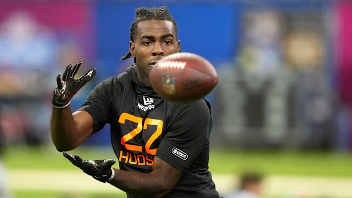 Mar 1, 2025; Indianapolis, IN, USA; UCF wideout Kobe Hudson (WO22) during the 2025 NFL Combine at Lucas Oil Stadium. Mandatory Credit: Kirby Lee-Imagn Images Mar 1, 2025; Indianapolis, IN, USA; UCF wideout Kobe Hudson (WO22) during the 2025 NFL Combine at Lucas Oil Stadium. Mandatory Credit: Kirby Lee-Imagn Images