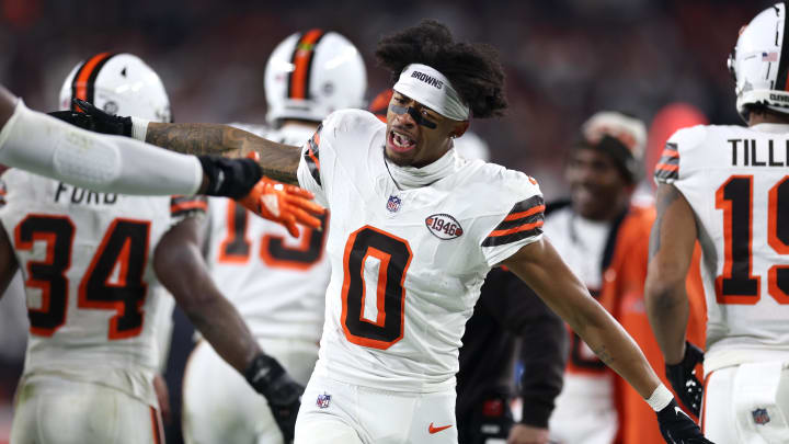 Dec 28, 2023; Cleveland, Ohio, USA; Cleveland Browns cornerback Greg Newsome II (0) celebrates during the first half against the New York Jets at Cleveland Browns Stadium. Mandatory Credit: Scott Galvin-USA TODAY Sports