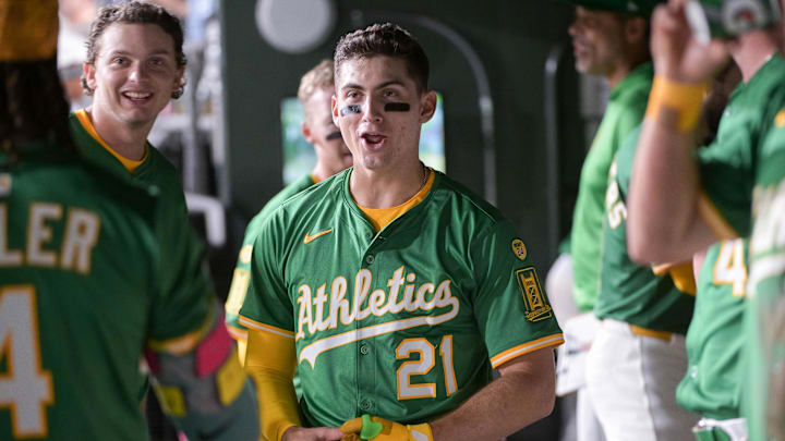 Aug 25, 2025; West Sacramento, California, USA; Athletics outfielder Tyler Soderstrom (21) celebrates with team mates after scoring against the Detroit Tigers dseventh inning at Sutter Health Park. Mandatory Credit: Ed Szczepanski-Imagn Images Aug 25, 2025; West Sacramento, California, USA; Athletics outfielder Tyler Soderstrom (21) celebrates with team mates after scoring against the Detroit Tigers dseventh inning at Sutter Health Park. Mandatory Credit: Ed Szczepanski-Imagn Images