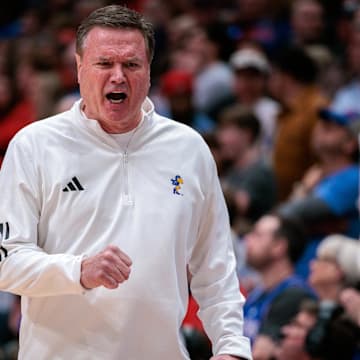 Mar 8, 2025; Lawrence, Kansas, USA; Kansas Jayhawks coach Bill Self reacts to game play during the second half against the Arizona Wildcats at Allen Fieldhouse. Mandatory Credit: William Purnell-Imagn Images