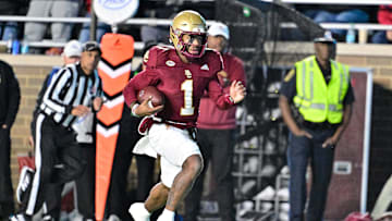 Oct 25, 2024; Chestnut Hill, Massachusetts, USA; Boston College Eagles quarterback Thomas Castellanos (1) runs the ball against the Louisville Cardinals during the first half at Alumni Stadium. Mandatory Credit: Eric Canha-Imagn Images