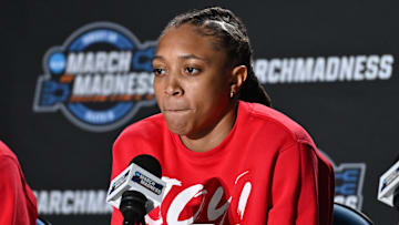 Mar 27, 2025; Spokane, WA, USA; Ole Miss Rebels guard Madison Scott talks with media during an NCAA Tournament practice session at Spokane Arena. Mandatory Credit: James Snook-Imagn Images