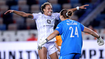 May 2, 2025; Houston, Texas, USA; Racing Louisville FC defender Arin Wright (3) and goalkeeper Jordyn Bloomer (24) congratulate each other following the match against the Houston Dash at Shell Energy Stadium. Mandatory Credit: Erik Williams-Imagn Images