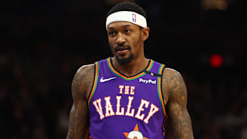 Dec 19, 2024; Phoenix, Arizona, USA; Phoenix Suns guard Bradley Beal (3) against the Indiana Pacers at Footprint Center. Mandatory Credit: Mark J. Rebilas-Imagn Images
