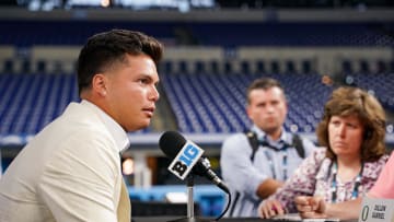 Jul 25, 2024; Indianapolis, IN, USA; Oregon Ducks quarterback Dillon Gabriel speaks to the media during the Big 10 football media day at Lucas Oil Stadium. Mandatory Credit: Robert Goddin-USA TODAY Sports
