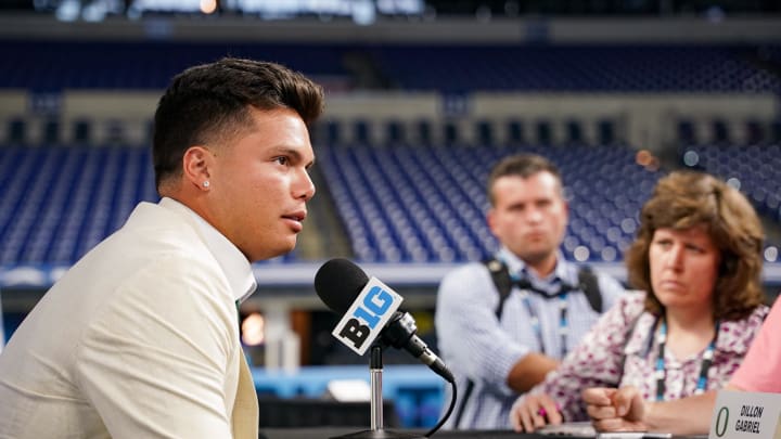 Jul 25, 2024; Indianapolis, IN, USA; Oregon Ducks quarterback Dillon Gabriel speaks to the media during the Big 10 football media day at Lucas Oil Stadium. Mandatory Credit: Robert Goddin-USA TODAY Sports