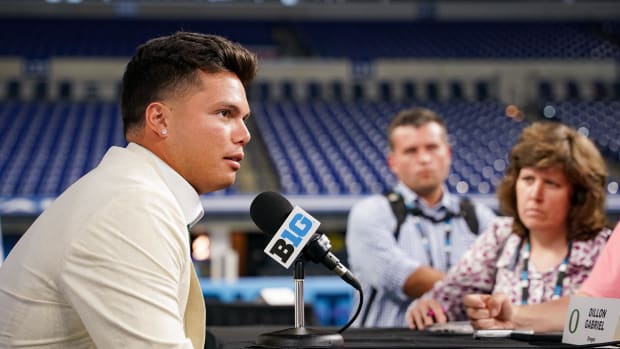 Oregon Ducks quarterback Dillon Gabriel speaks to the media during the Big 10 football media day at Lucas Oil Stadium.