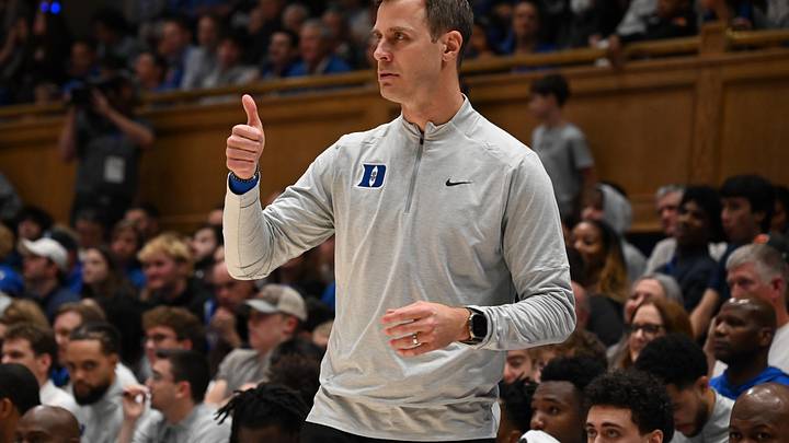 Nov 29, 2024; Durham, North Carolina, USA; Duke Blue Devils head coach Jon Scheyer gestures during the second half against the Seattle Redhawks at Cameron Indoor Stadium.
