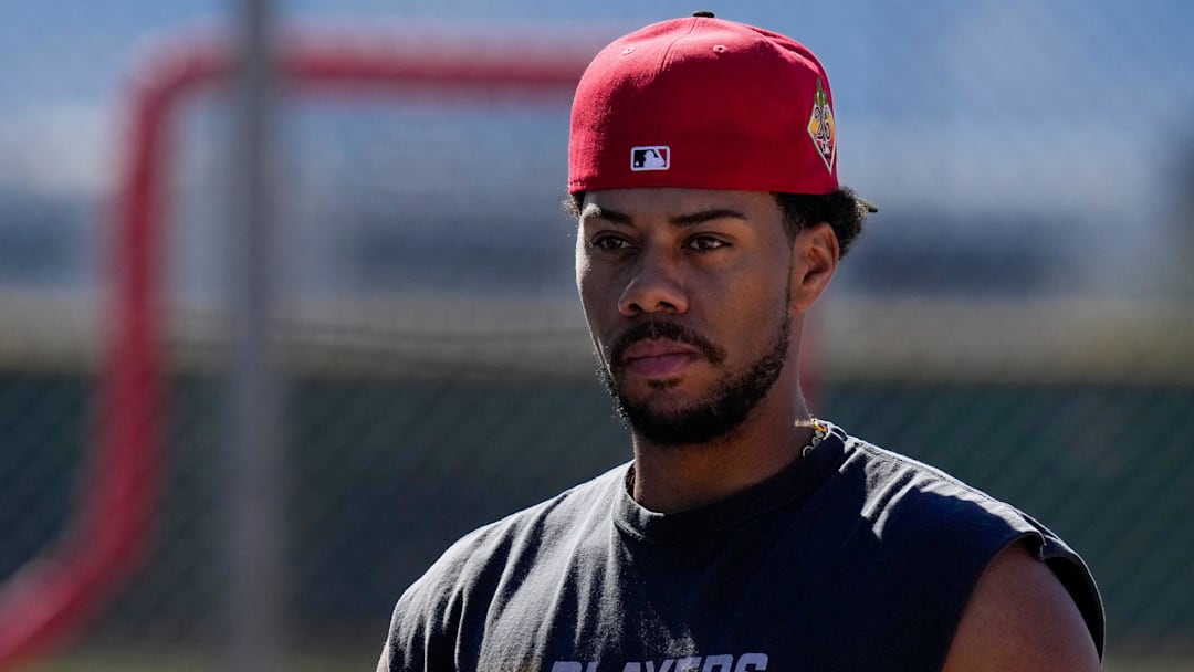 Cincinnati Reds pitcher Hunter Greene (21) watches live batting practice after his workout at the Cincinnati Reds player development complex in Goodyear, Ariz., on Saturday, Feb. 14, 2026. Cincinnati Reds pitcher Hunter Greene (21) watches live batting practice after his workout at the Cincinnati Reds player development complex in Goodyear, Ariz., on Saturday, Feb. 14, 2026.