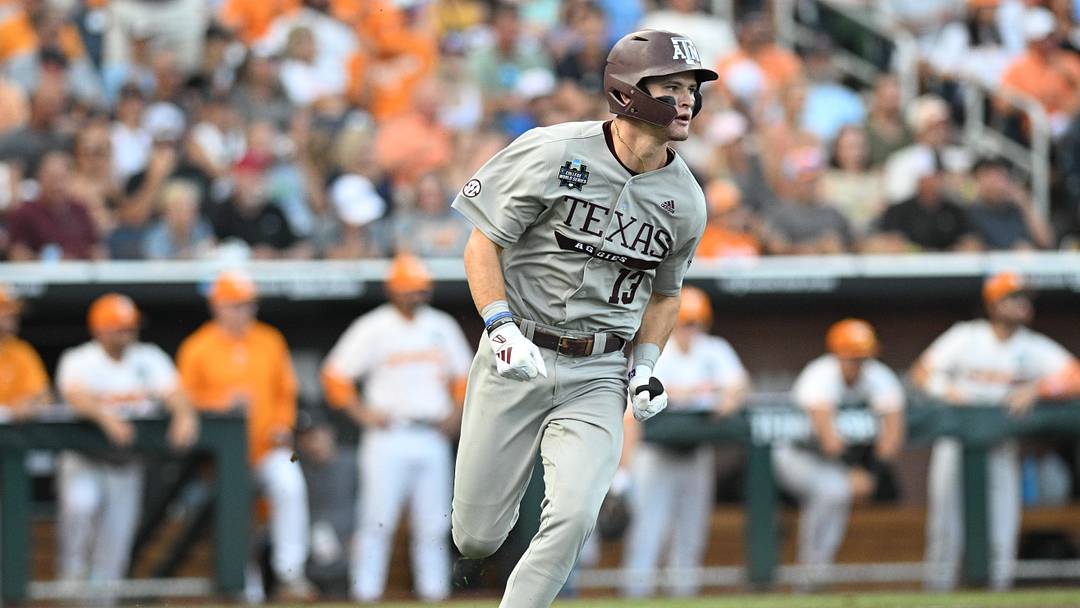 Jun 22, 2024; Omaha, NE, USA;  Texas A&M Aggies left fielder Caden Sorrell (13) drives in a run against the Tennessee Volunteers during the first inning at Charles Schwab Field Omaha. Mandatory Credit: Steven Branscombe-Imagn Images