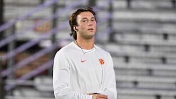 Oct 11, 2025; Chestnut Hill, Massachusetts, USA; Clemson Tigers quarterback Cade Klubnik (2) warms up before a game against the Boston College Eagles at Alumni Stadium. Mandatory Credit: Eric Canha-Imagn Images