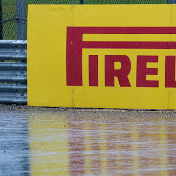 Oct 19, 2018; Austin, TX, USA; A view of the Pirelli logo and wet track during practice for the United States Grand Prix at Circuit of the Americas. Mandatory Credit: Jerome Miron-Imagn Images