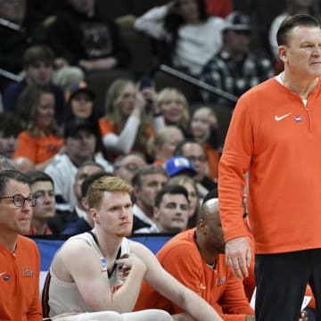 Mar 23, 2024; Omaha, NE, USA; Illinois Fighting Illini head coach Brad Underwood looks on during the second half against Duquesne Dukes in the second round of the 2024 NCAA Tournament at CHI Health Center Omaha. Mandatory Credit: Steven Branscombe-USA TODAY Sports