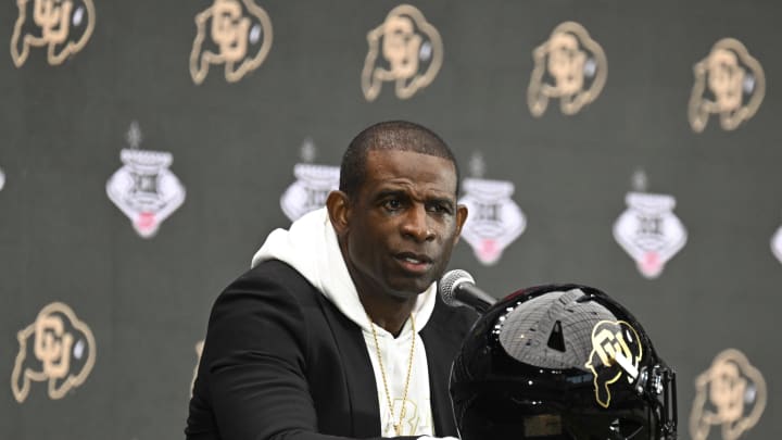 Jul 10, 2024; Las Vegas, NV, USA; Colorado Buffaloes head coach Deion Sanders speaks to the media during the Big 12 Media Days at Allegiant Stadium. Mandatory Credit: Candice Ward-USA TODAY Sports