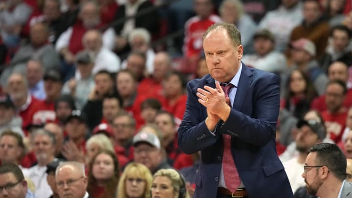 Feb 13, 2024; Madison, Wisconsin, USA;  Wisconsin Badgers head coach Greg Gard looks on during the first half against the Ohio State Buckeyes at the Kohl Center. Mandatory Credit: Kayla Wolf-USA TODAY Sports