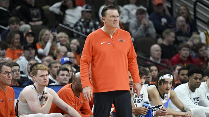 Mar 23, 2024; Omaha, NE, USA; Illinois Fighting Illini head coach Brad Underwood looks on during the second half against Duquesne Dukes in the second round of the 2024 NCAA Tournament at CHI Health Center Omaha. Mandatory Credit: Steven Branscombe-USA TODAY Sports