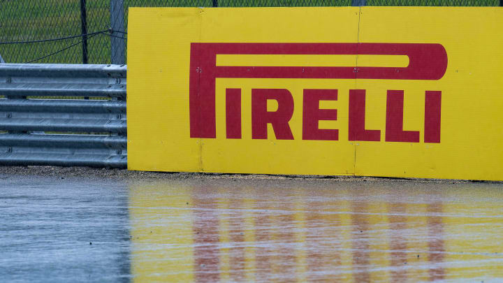 Oct 19, 2018; Austin, TX, USA; A view of the Pirelli logo and wet track during practice for the