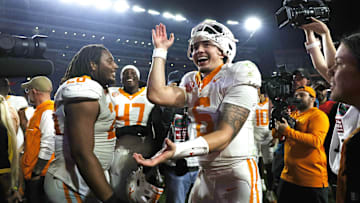 Nov 22, 2025; Gainesville, Florida, USA; Tennessee Volunteers quarterback Joey Aguilar (6) celebrates after they beat the Florida Gators at Ben Hill Griffin Stadium. Mandatory Credit: Kim Klement Neitzel-Imagn Images