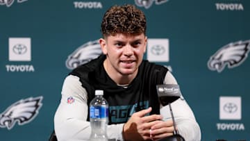 May 28, 2025; Philadelphia, PA, USA; Philadelphia Eagles cornerback Cooper DeJean speaks with the media during OTAs at NovaCare Complex. Mandatory Credit: Bill Streicher-Imagn Images