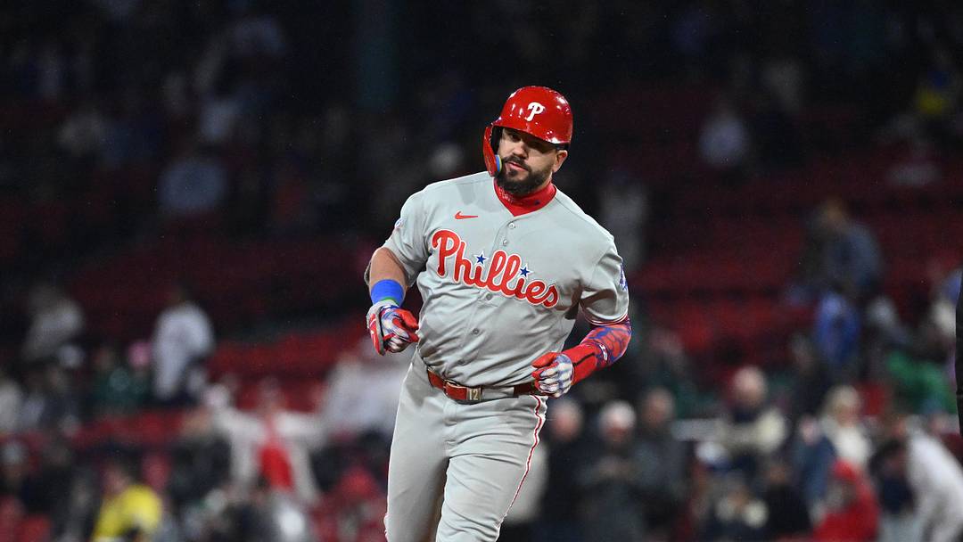 May 14, 2026; Boston, Massachusetts, USA; Philadelphia Phillies designated hitter Kyle Schwarber (12) runs out the bases after hitting a two run home run against the Boston Red Sox during the eighth inning at Fenway Park. Mandatory Credit: Eric Canha-Imagn Images