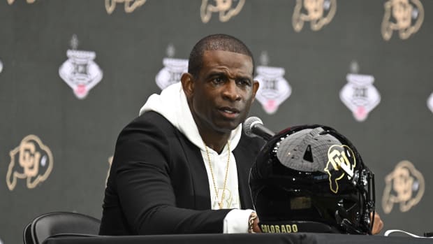 Jul 10, 2024; Las Vegas, NV, USA; Colorado Buffaloes head coach Deion Sanders speaks to the media during the Big 12 Media Day