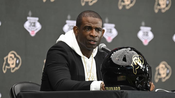 Jul 10, 2024; Las Vegas, NV, USA; Colorado Buffaloes head coach Deion Sanders speaks to the media during the Big 12 Media Days at Allegiant Stadium.