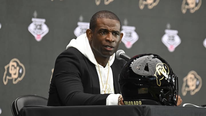 Colorado coach Deion Sanders speaks to the media during the Big 12 Media Days at Allegiant Stadium.