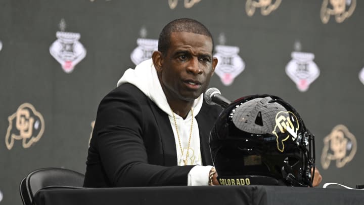 Jul 10, 2024; Las Vegas, NV, USA; Colorado Buffaloes head coach Deion Sanders speaks to the media during the Big 12 Media Days at Allegiant Stadium. Mandatory Credit: Candice Ward-USA TODAY Sports