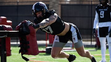 Texas Tech’s Isaac Smith goes through a drill during spring football practice, Wednesday, March 12, 2025, outside the Sports Performance Center.