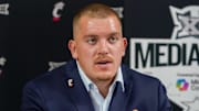 Jul 8, 2025; Frisco, TX, USA; Cincinnati offensive lineman Gavin Gerhardt answers questions from the media during 2025 Big 12 Football Media Days at The Star. Mandatory Credit: Raymond Carlin III-Imagn Images