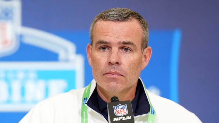 Feb 24, 2026; Indianapolis, IN, USA; Buffalo Bills general manager Brandon Beane speaks at the NFL Scouting Combine at the Indiana Convention Center. Mandatory Credit: Kirby Lee-Imagn Images