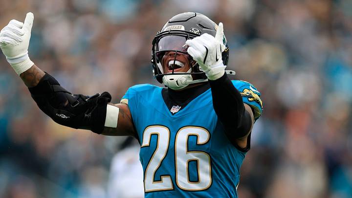 Jacksonville Jaguars safety Antonio Johnson (26) reacts to his tackle during the first quarter of an NFL football matchup at EverBank Stadium, Sunday, Jan. 4, 2026, in Jacksonville, Fla. The Jaguars defeated the Titans 41-7, capturing the AFC South title.