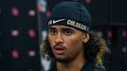 Jul 9, 2025; Frisco, TX, USA; Colorado quarterback Julian Lewis speaks with the media during 2025 Big 12 Football Media Days at The Star. 