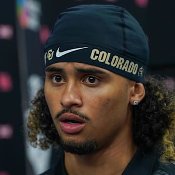 Jul 9, 2025; Frisco, TX, USA; Colorado quarterback Julian Lewis speaks with the media during 2025 Big 12 Football Media Days at The Star. 
