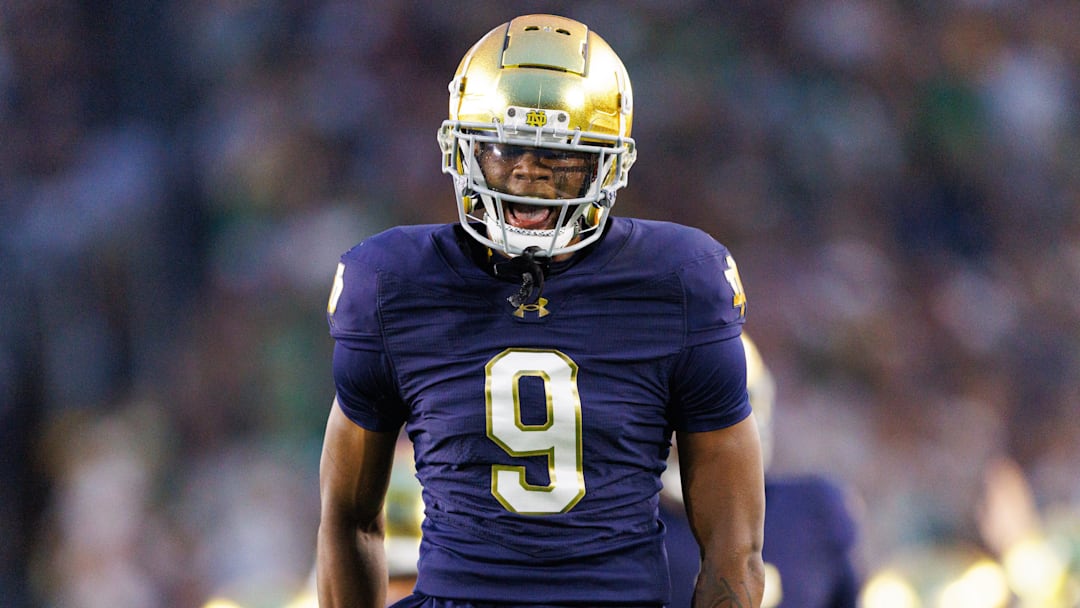Notre Dame safety Tae Johnson celebrates after getting a stop in the first half of a NCAA football game against Texas A&M at Notre Dame Stadium on Saturday, Sept. 13, 2025, in South Bend.