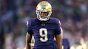 Notre Dame safety Tae Johnson celebrates after getting a stop in the first half of a NCAA football game against Texas A&M at Notre Dame Stadium on Saturday, Sept. 13, 2025, in South Bend.