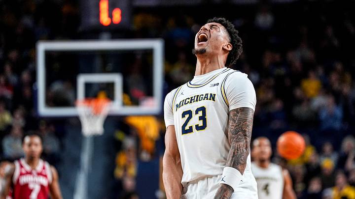 Michigan forward Yaxel Lendeborg (23) celebrates a play against Indiana during the first half at Crisler Center in Ann Arbor on Tuesday, Jan. 20, 2026.